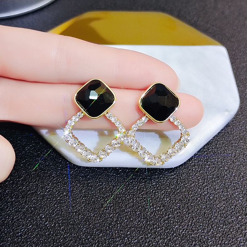 Bông Tai Mạ Bạc 925 Hình Học Đính Kim Cương Màu Đen Thời Trang Phong Cách Hàn Quốc Cho Nữ