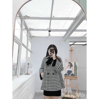 Áo khoác dạ ziczac, Áo dạ 2 lớp kẻ dáng babydoll KÈM NƠ ĐEN