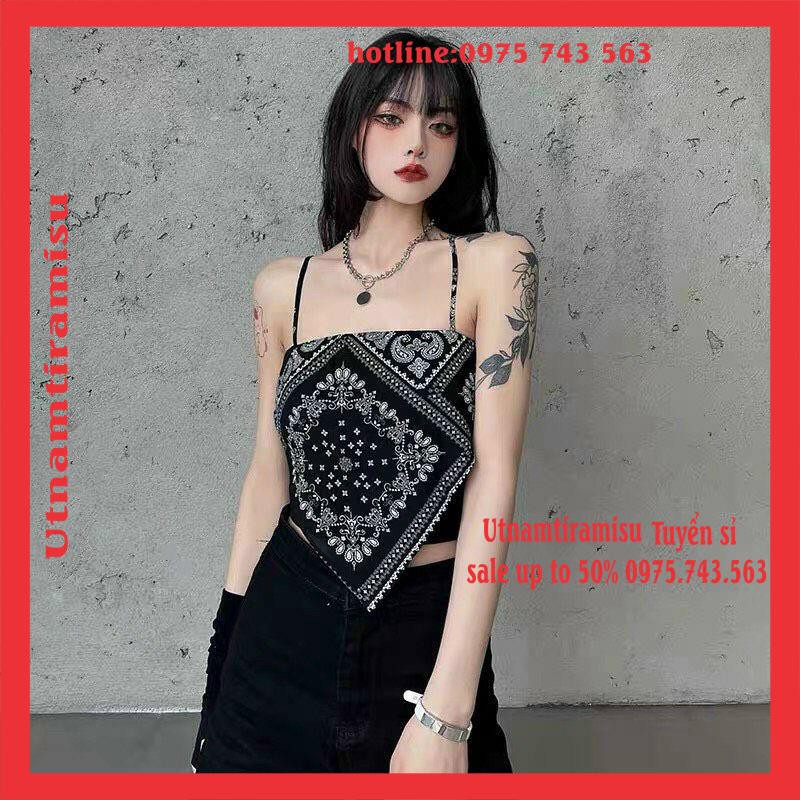[Free ship] Áo 2 dây thổ cẩm Nữ ♥️ yếm  Bandana Hở Lưng Họa Tiết In Chất Bodip 2 Màu Đen/Trắng Vintage cá tính Ulzzang | BigBuy360 - bigbuy360.vn