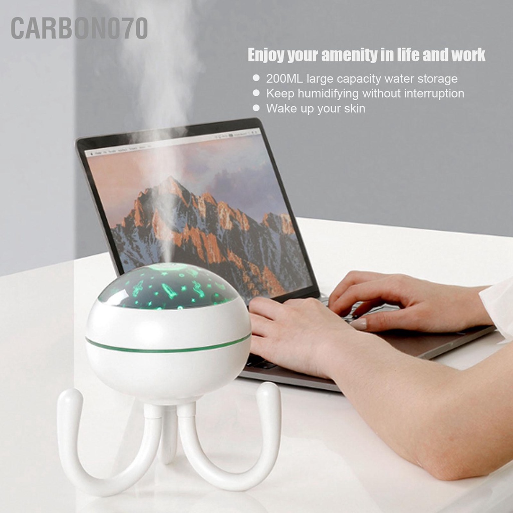 Carbon070 Máy tạo độ ẩm mini USB 200ml Thiết kế hình bạch tuộc 2 chế Tắt tiếng Tiết kiệm không gian Chức năng hẹn giờ ánh sáng ban đêm