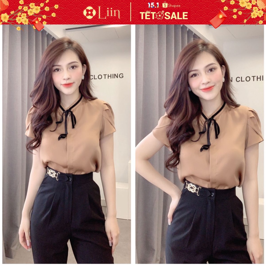 Áo sơ mi Cộc tay màu Nâu Nơ Đen kiểu dáng bánh bèo xinh xắn Liin Clothing SM3578