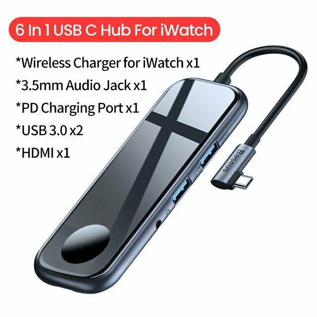 Bộ USB C Hub Baseus Mirror Series mở rộng USB 3.0, 3.5mm, HDMI 4K@30Hz,sạc không dây Apple Watch cho Macbook, Laptop...