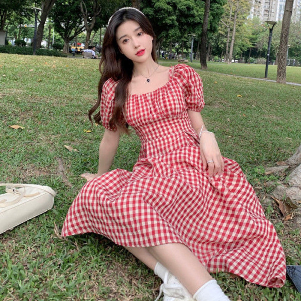Đầm Tay Ngắn Họa Tiết Sọc Caro Ngọt Ngào Thời Trang Mùa Hè
