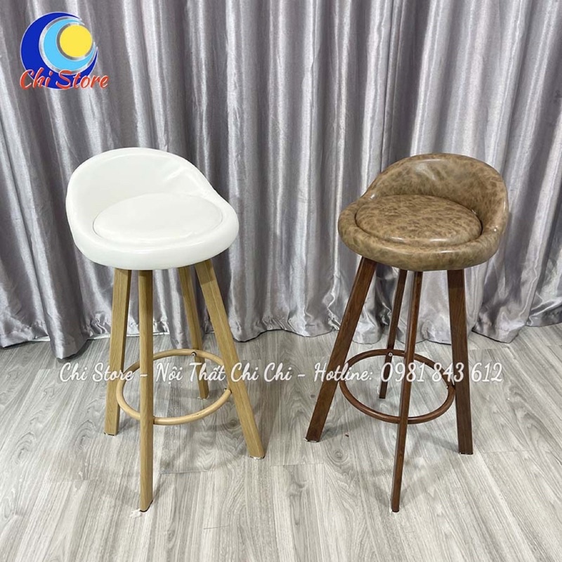 Ghế Quầy Bar Xoay Có Tựa Chân Sắt Sơn Giả Gỗ Bọc Da Cao 75cm, Ghế Bar Cho Quán Cafe, Nhà Hàng Mẫu Tựa Thấp