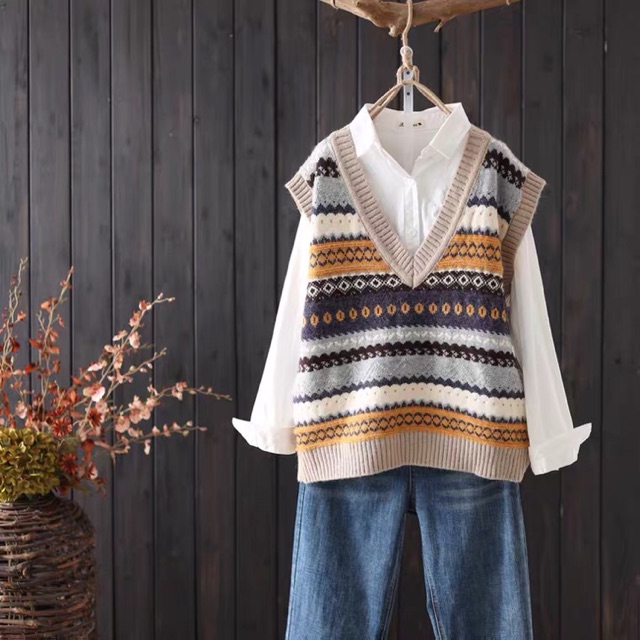 áo gile len hoạ tiết, cổ điển, ulzzang style
