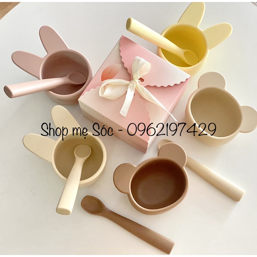Set bát - thìa ăn dặm silicon Gấu/ Thỏ xuất Hàn cho bé size nhỏ
