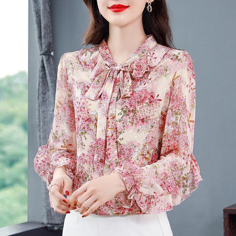 Áo Sơ Mi Voan Hoa Tay Dài Dáng Rộng Che Phủ Bụng Phong Cách Hàn Quốc Dành Cho Nữ