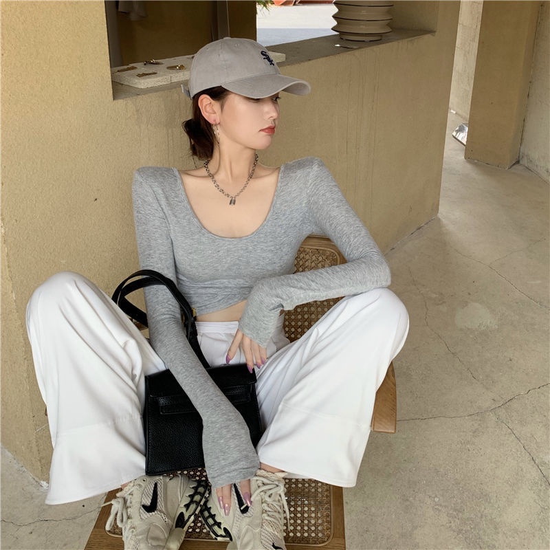 Áo thun COZOK tay dài cổ chữ U dáng ôm quyến rũ trẻ trung cho bạn gái