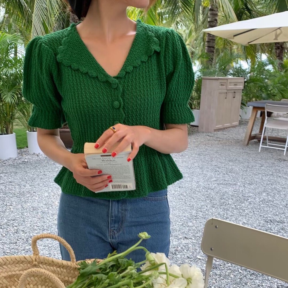 Áo dệt kim SUXI tay phồng ngắn màu trơn thanh lịch cho nữ