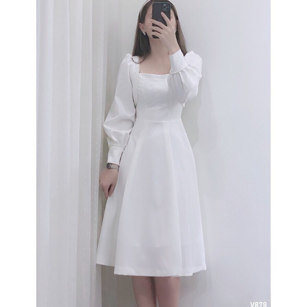 Đầm trắng dài tay cổ vuông ren hạt gạo / Đầm xòe dáng dài cho nữ