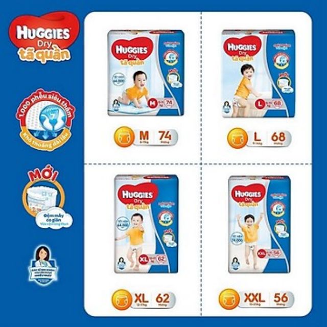 Tã quần Huggies size M74, L68, XL62, XXL56 miếng