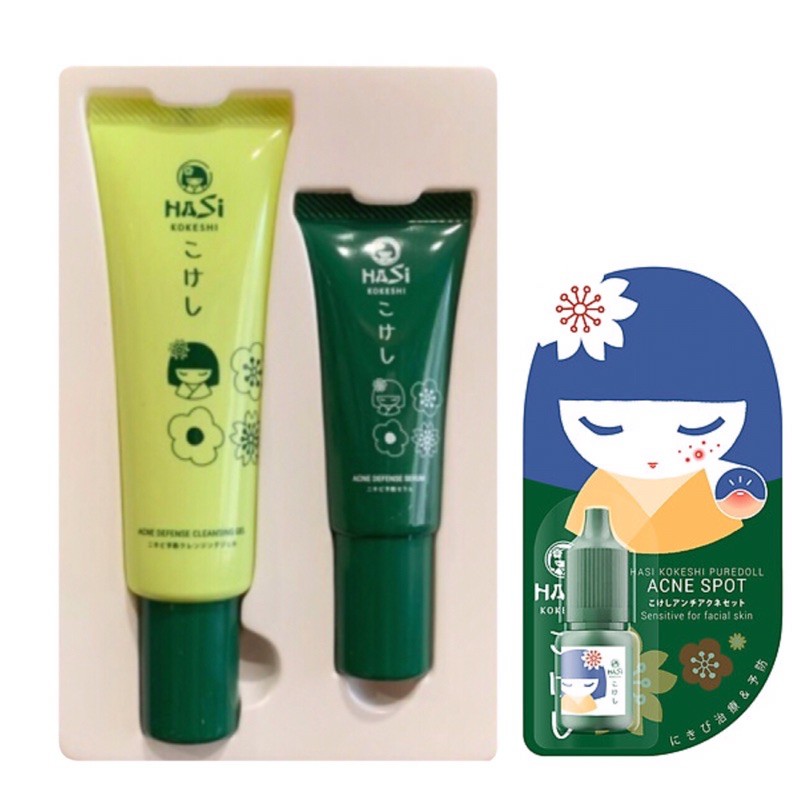 Combo Dưỡng cho da mụn Hasi Kokeshi Japan [Set: Gel rửa mặt 30ml-Serum 10ml + Chấm mụn 5ml]