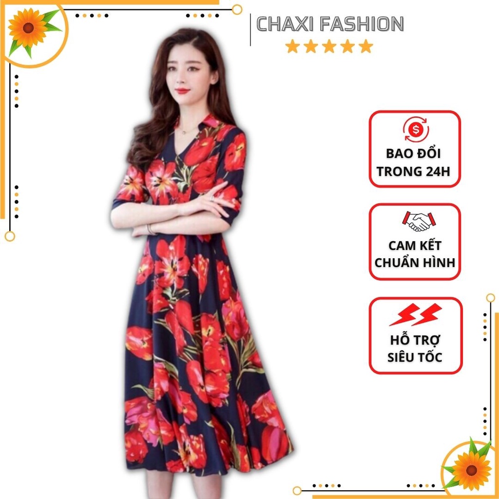 HÀNG NHẬP - ĐẦM XÒE MAXI HOA TULIP ĐỎ CAO CẤP - LS02290