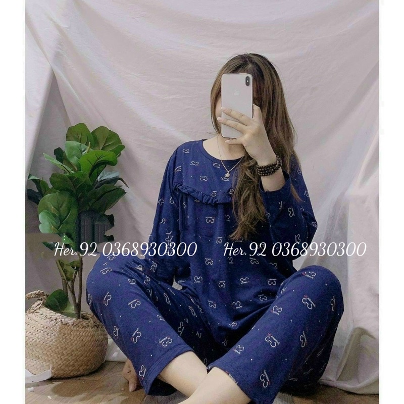 Bộ mặc nhà bầu và sau sinh hoạ tiết gấu pu viền bèo