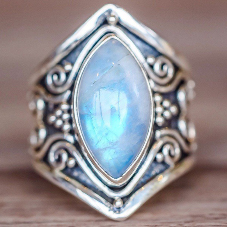 New European and American classic punk style. Moonstone Thai Silver Ring exaggerated