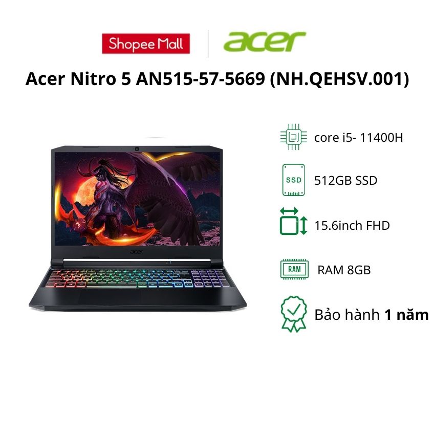 Laptop Acer Nitro 5 AN515-57-5669 (NH.QEHSV.001)/ Black/ Intel i5- 11400H/ RAM 8GB/ 512GSSD/NVIDIA GeForce GTX 1650