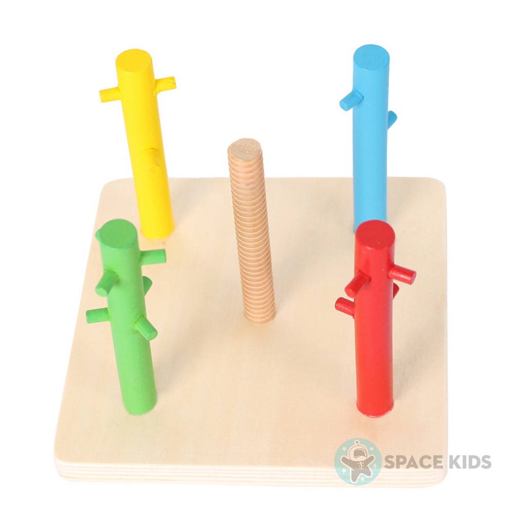 Đồ chơi gỗ thông minh Tháp thả hình khối 5 cột zigzag cho bé, Đồ chơi giáo dục montessori Space Kids