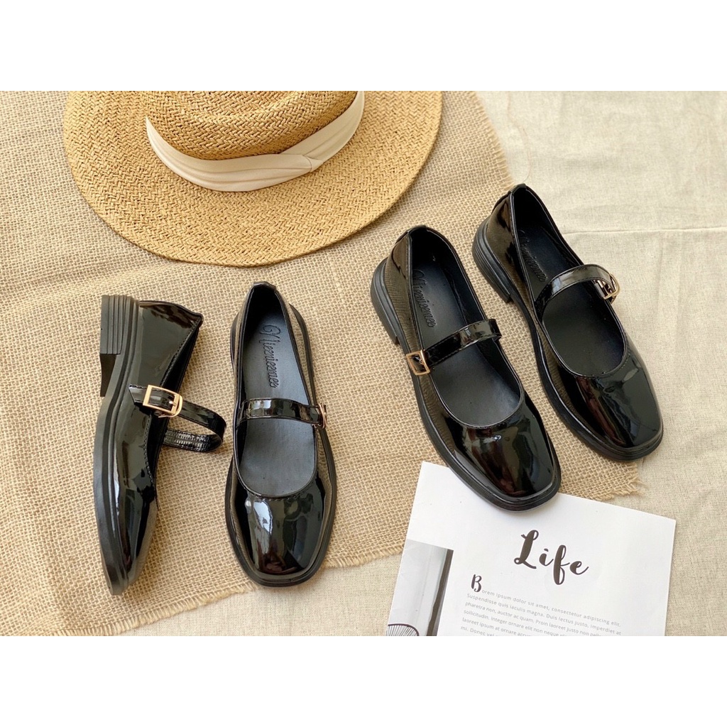 Giày búp bê nữ basic Mary Jane vintage đen da bóng
