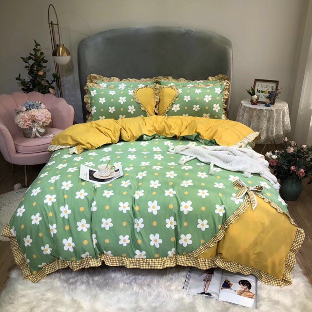 Bộ chăn ga gối cotton bèo nơ dành cho các cô nàng điệu đà