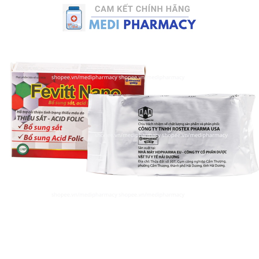Viên uống bổ máu Fevitt Nano bổ sung Sắt, Acid Folic cho người thiếu máu - Hộp 100 viên