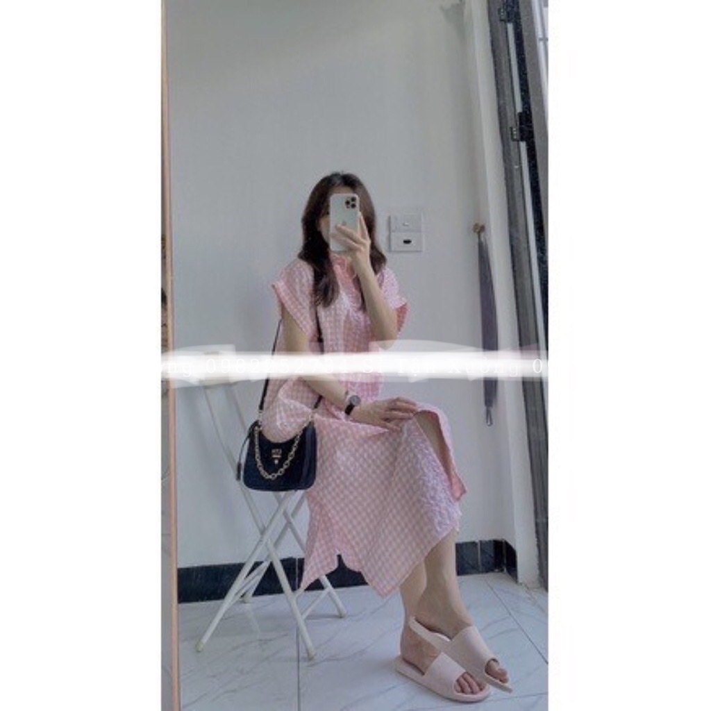 Đầm sơ mi cộc tay phối sọc họa tiết kẻ caro nữ tính