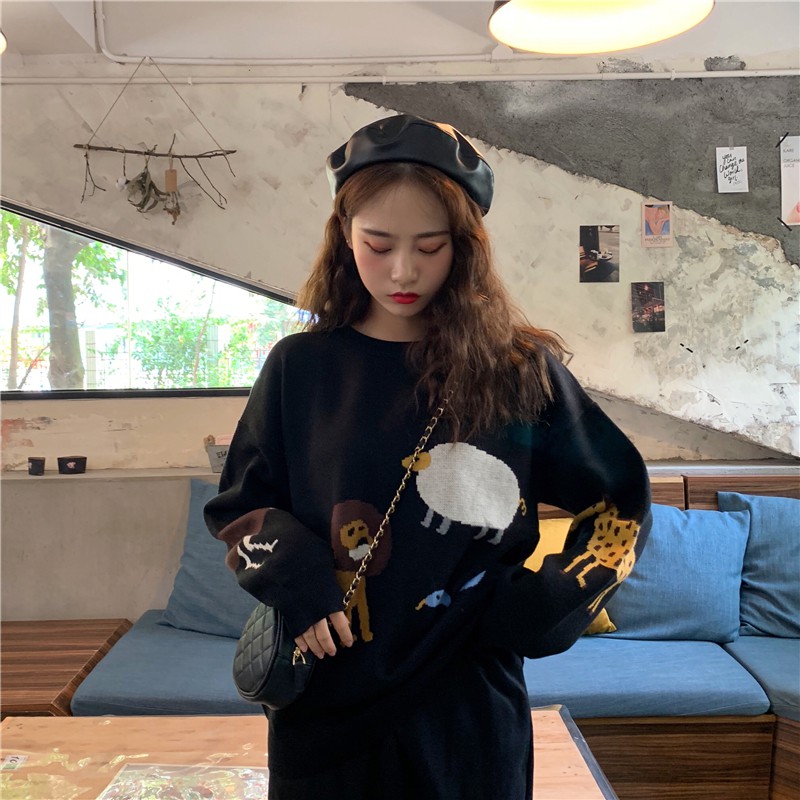 🌿 Áo len đen đan hình thú dáng rộng ulzzang 🔥