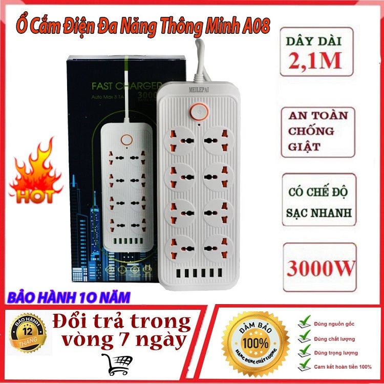 Ổ Cắm Điện Có 8 Ổ Cắm 220v Lõi Đồng, Với 6 Cổng USB Sạc Nhanh - Model  A08 Công Suất 3000W - Dây Dài 2 Mét