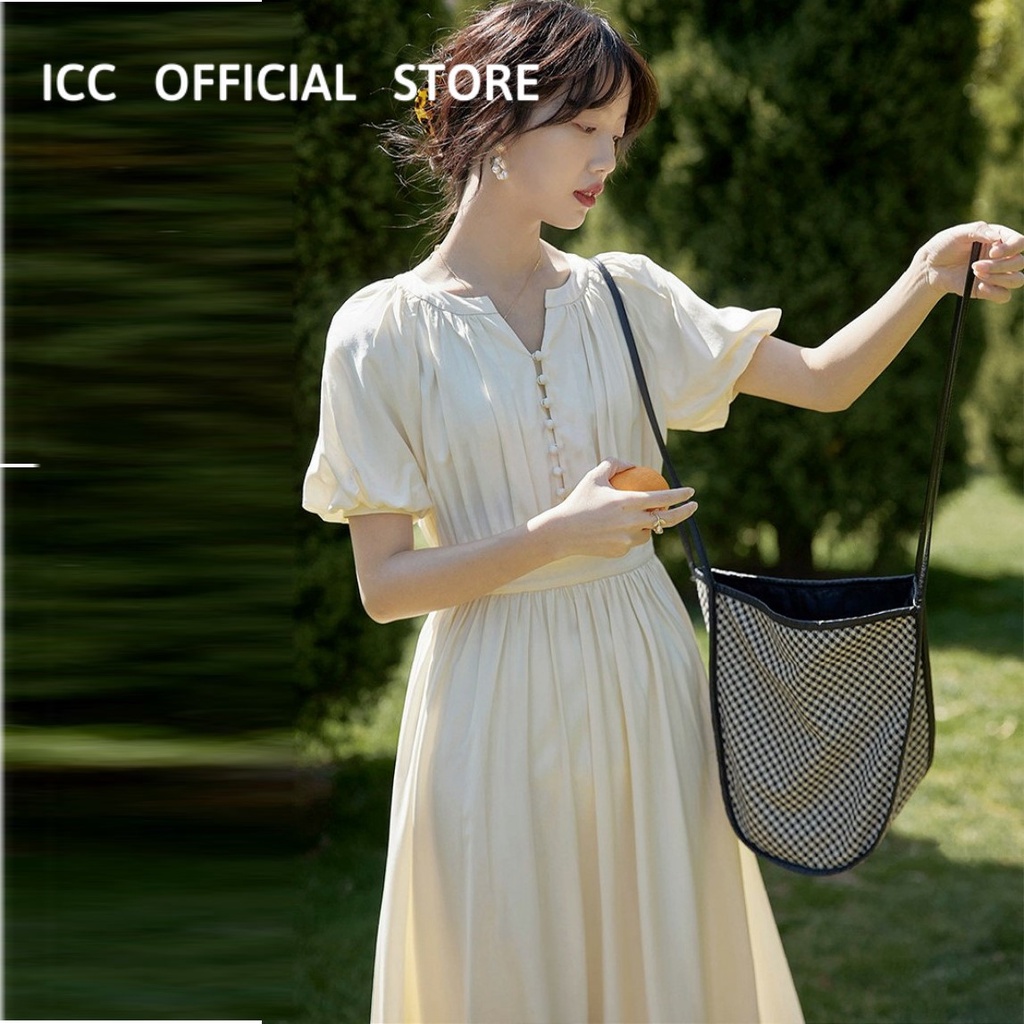 Váy Voan Thanh Lịch Dáng Dài Tay Phồng Bo Eo Chun - Đầm Công Sở ICC Official Store VD129