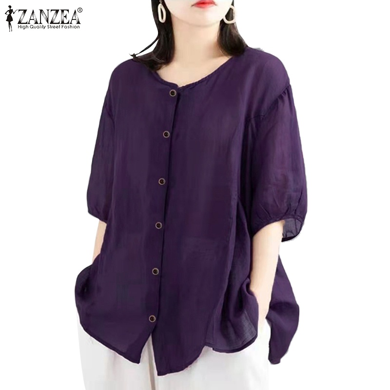 Áo kiểu ZANZEA cổ tròn tay lỡ dáng rộng cài nút phong cách retro thời trang cho nữ