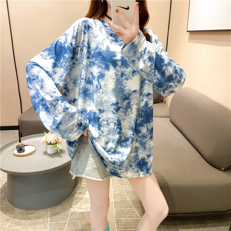 Áo thun dài tay loang nam nữ unisex form rộng &lt;70kg quảng châu hot 2020