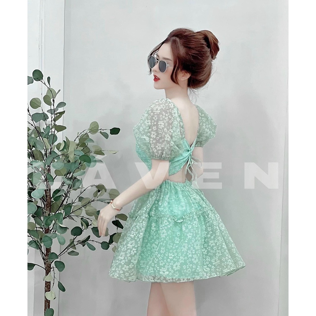 Đầm váy xòe nữ ren hoa cổ vuông tay phồng cột nơ lưng thời trang năng động trẻ trung