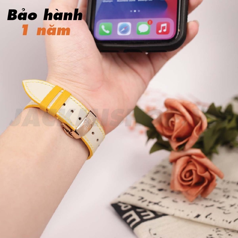 [BẢO HÀNH 1 NĂM] Dây Da BÊ SWIFT may tay thủ công màu Kem chỉ Vàng khóa Bướm cho Apple Watch series 1/2/3/4/5/6/7