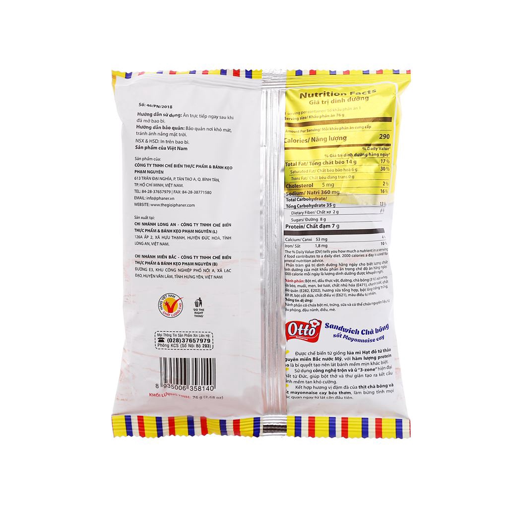 CHÍNH HÃNG Combo 6 Bánh Sandwich tươi Chà Bông Xốt Mayonnaise Cay Otto 76g