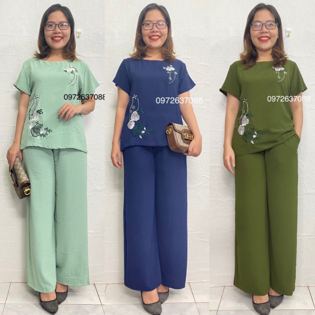 Bộ Đồ Trung Niên- Bộ Đũi Thêu 2 Bông Dành Cho Người Lơn Tuổi