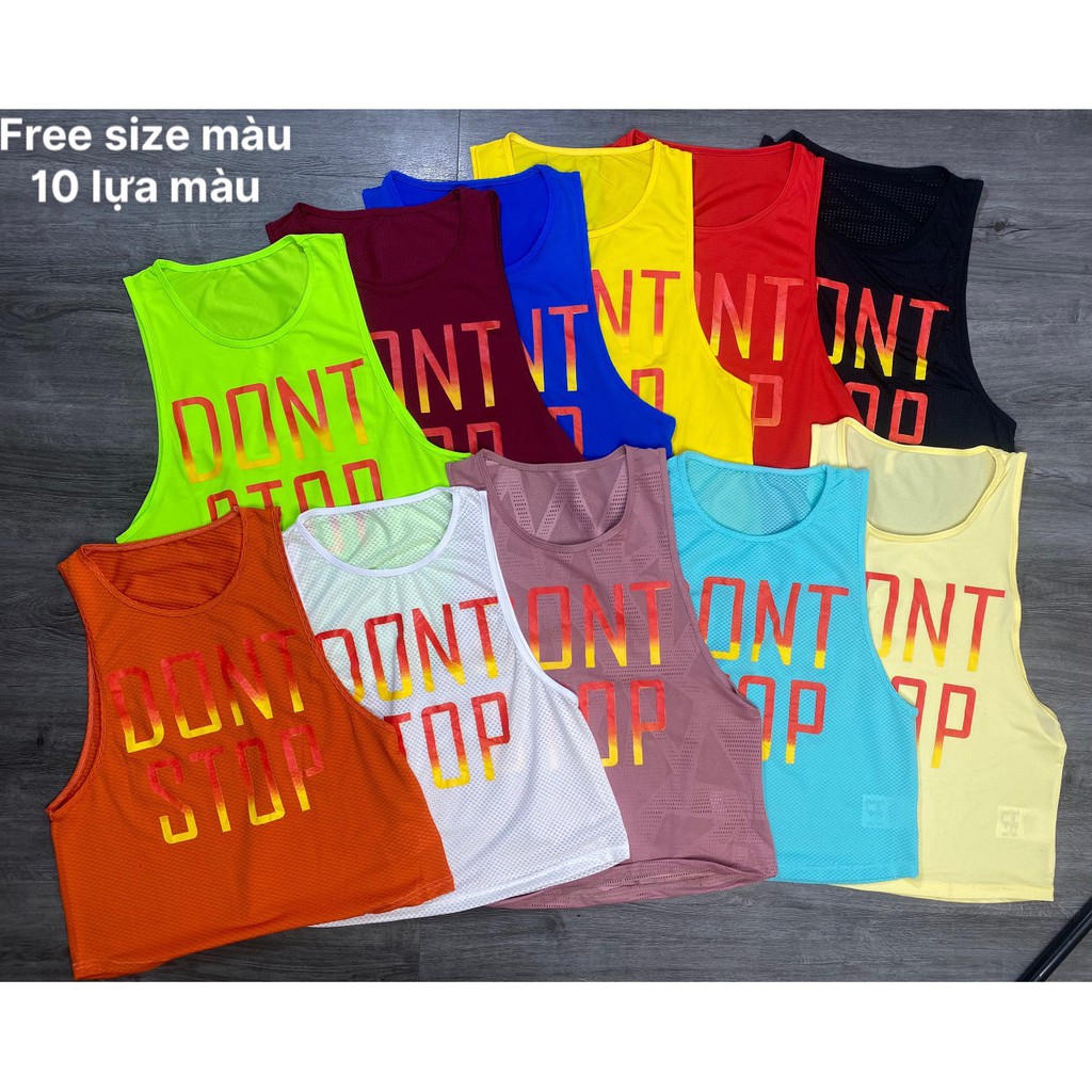 Áo thun thể thao nữ, áo tanktop tập gym DON'T STOP vải thun lưới nhẹ mát