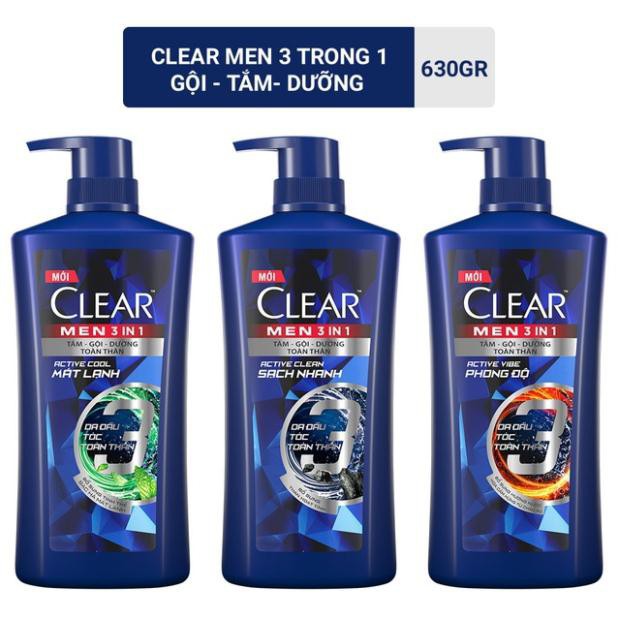 Dầu tắm gội Clear Men 3 trong 1 loại 630gr (Tắm + Gội + Dưỡng)