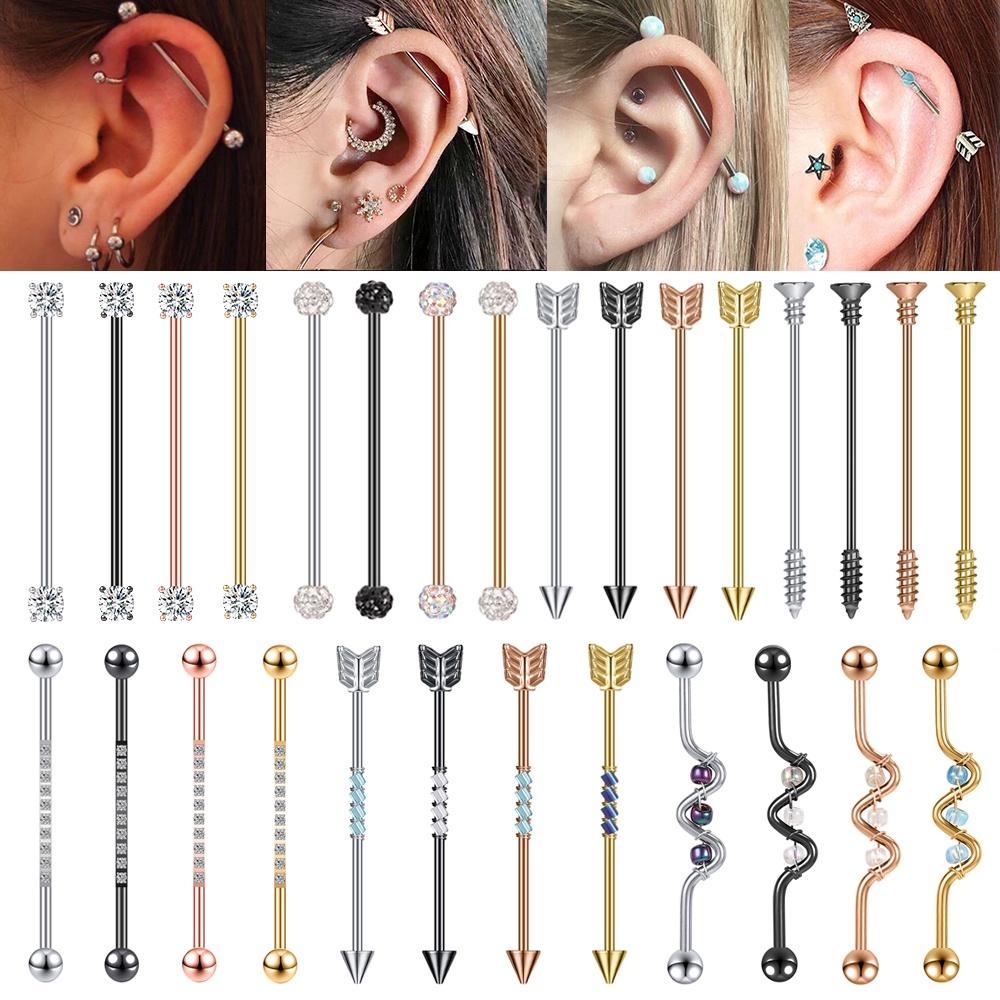 Khuyên tai thanh dài dạng xỏ 14g 1.6mm đính đa nhân tạo Cz
