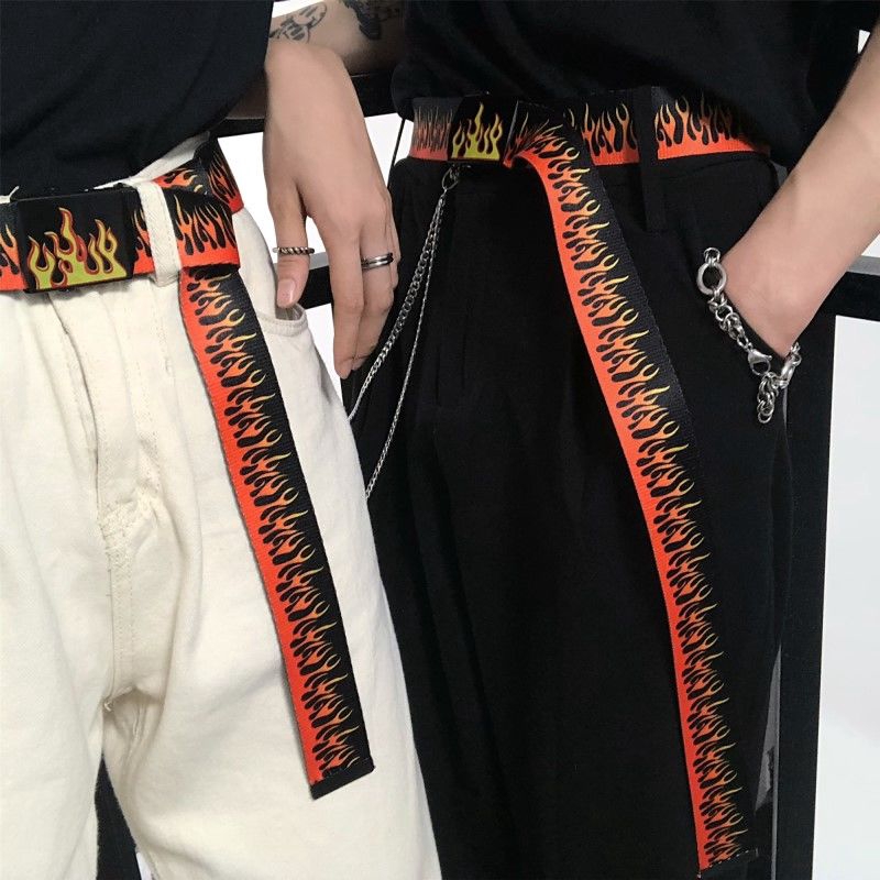 Thắt lưng 227004 khóa trượt vải canvas in họa tiết ngọn lửa phong cách Hàn Quốc dễ phối đồ cho nam nữ