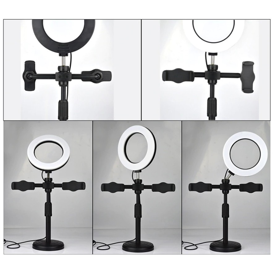Đèn Led 16cm Với 2 Giá Đỡ Điện Thoại Để Bàn, Hỗ Trợ Livestream, Trang Điểm, Chụp Ảnh Beauty, Quay Video - Tặng Remote