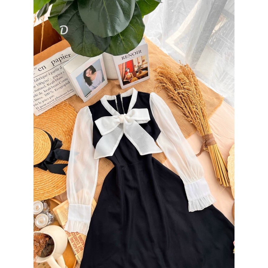 Đầm váy nữ tay dài cổ phối nơ from dáng xòe xinh xắn, nhã nhặn thời trang nữ cho quý cô dự tiệc