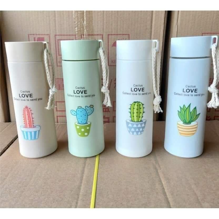 Bình đựng nước lõi thủy tinh họa tiết xương rồng dễ thương dung tích 400ml