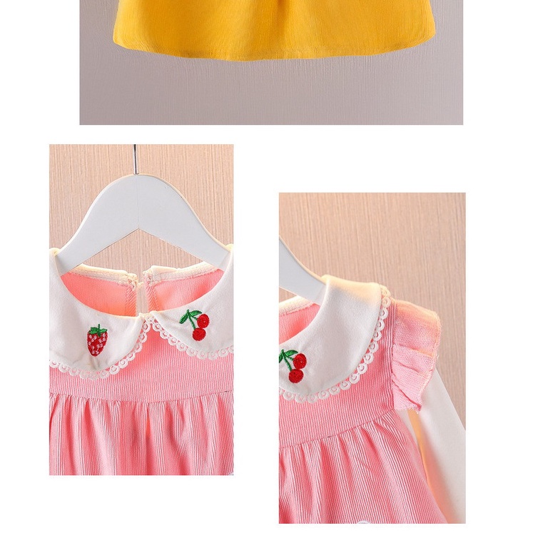 Váy đầm bé gái cổ bèo thêu trái dâu và thỏ đáng yêu