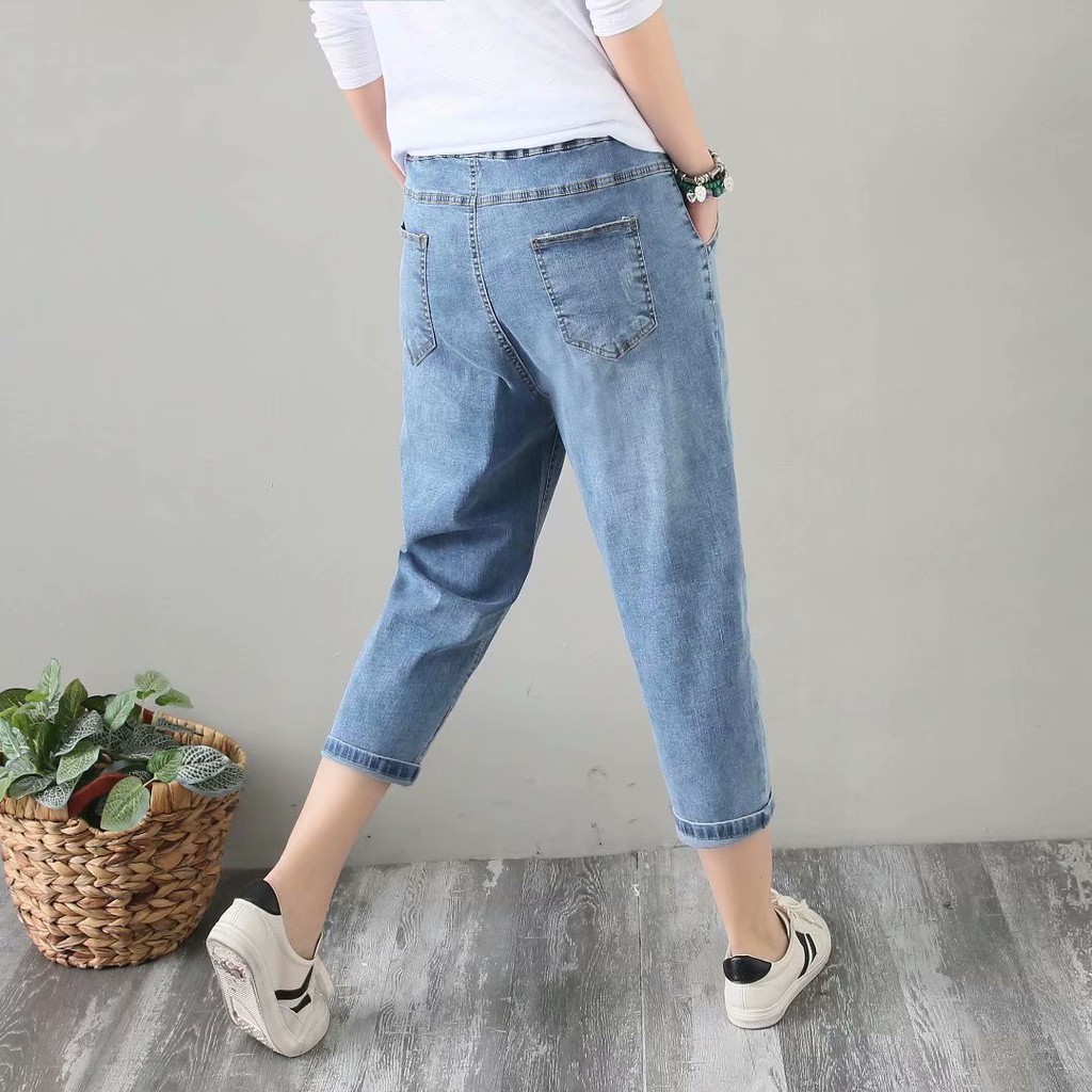 Quần Baggy jean Nữ Lưng Thun size đại lửng 7 tất vải co giãn