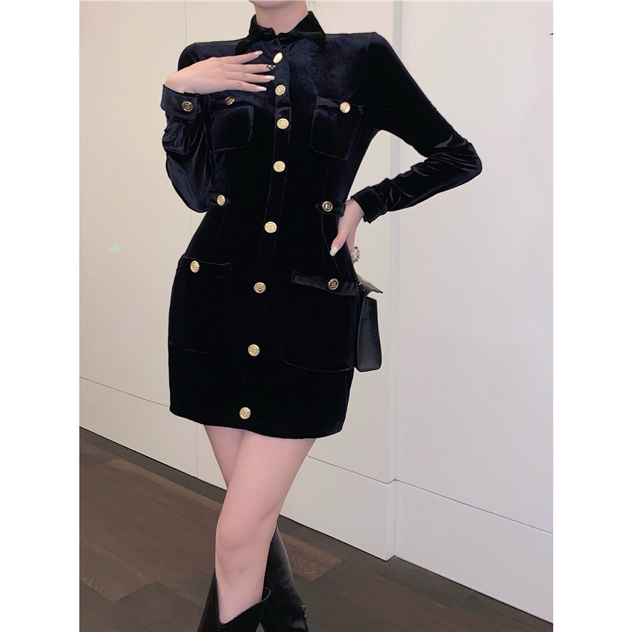 Đầm nhung nữ dài tay phong cách tiểu thư sang trọng khí chất thanh lịch hàng Quảng Châu cao cấp