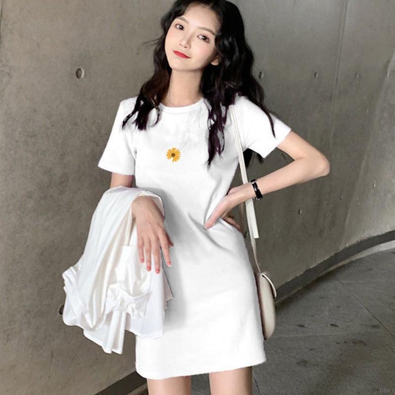 Đầm Tay Ngắn Cổ Tròn In Họa Tiết Thời Trang Hàn Quốc Cho Nữ