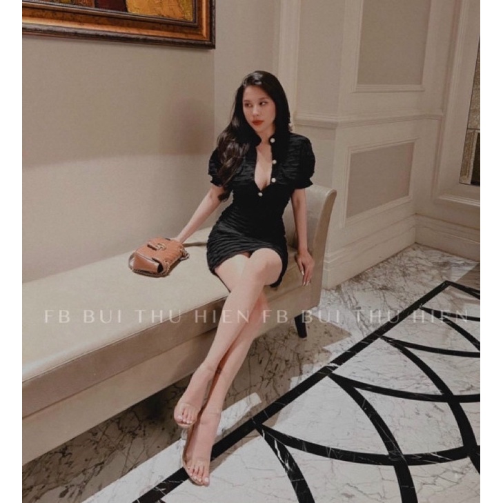 ĐẦM XỐP BODY TAY BÈO NÚT TRẮNG