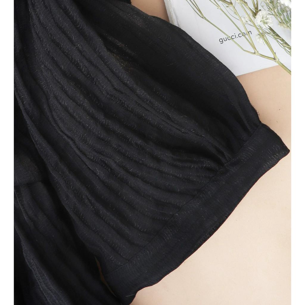 Áo kiểu nữ trung niên tay phồng form suông thoải mái, vải tơ gân màu đen phối nơ duyên dáng - KACHISA 969SQE