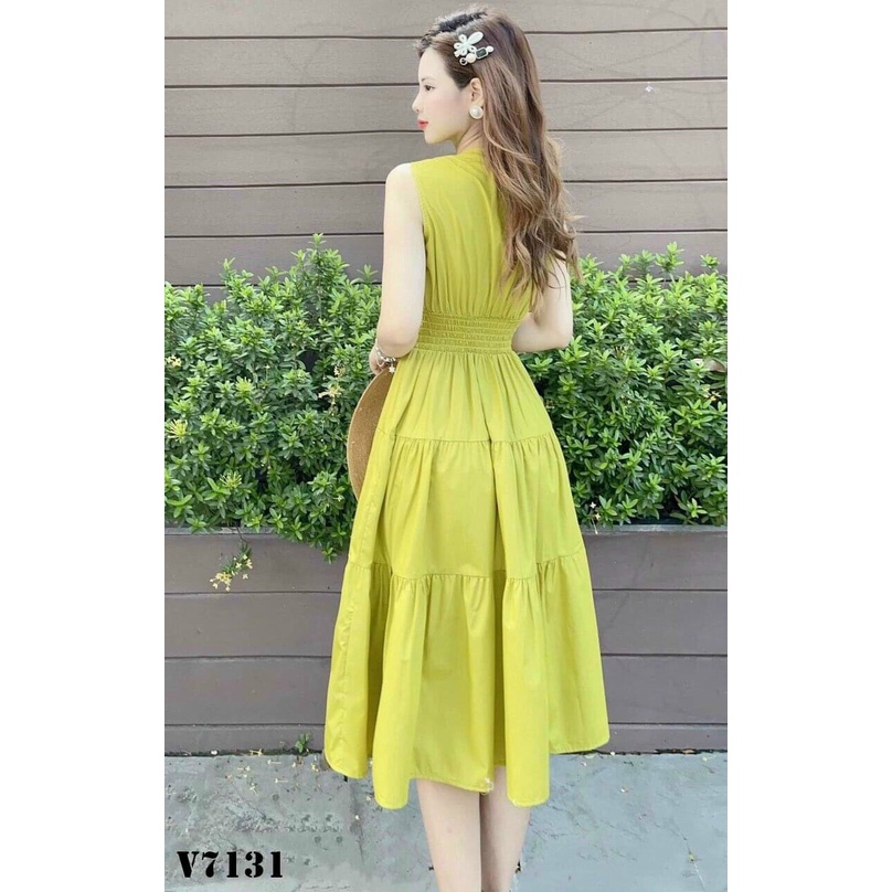 Váy đầm nữ xoè sát nách cổ tròn đính nút chun eo mặc ton dáng trẻ trung