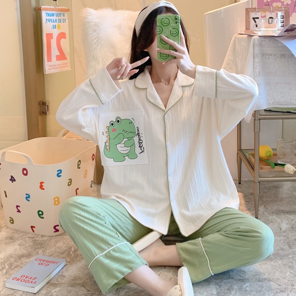 Đồ ngủ cao cấp Tiệm nhà Bokk nỉ mỏng dài tay khủng long xanh dễ thương phong cách Hàn Quốc