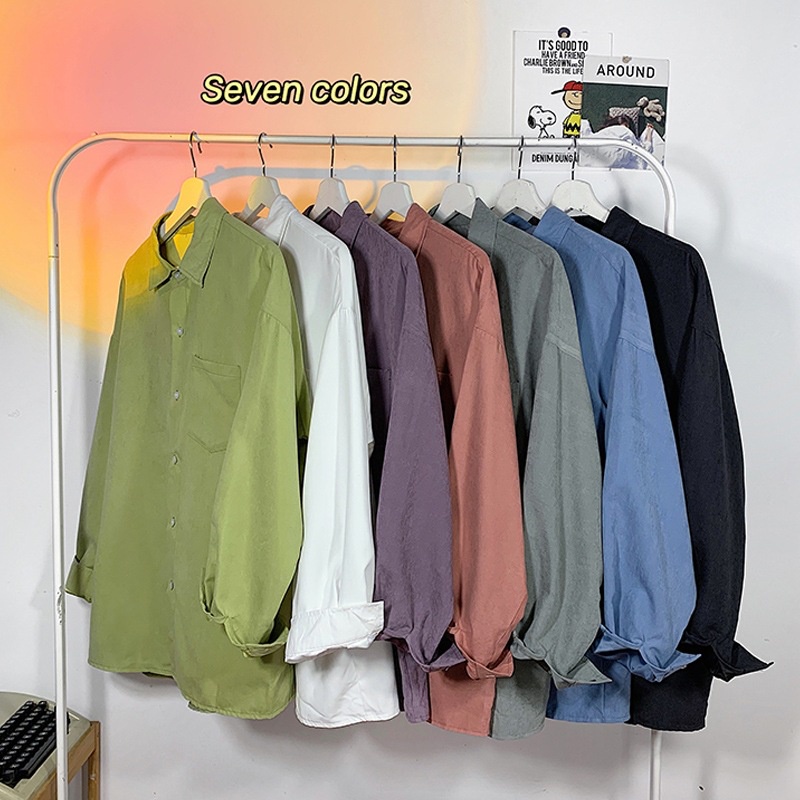 Áo Sơ Mi Tay Dài Dáng Rộng Màu Sắc Đơn Giản Thời Trang Xuân Thu Cho Nam